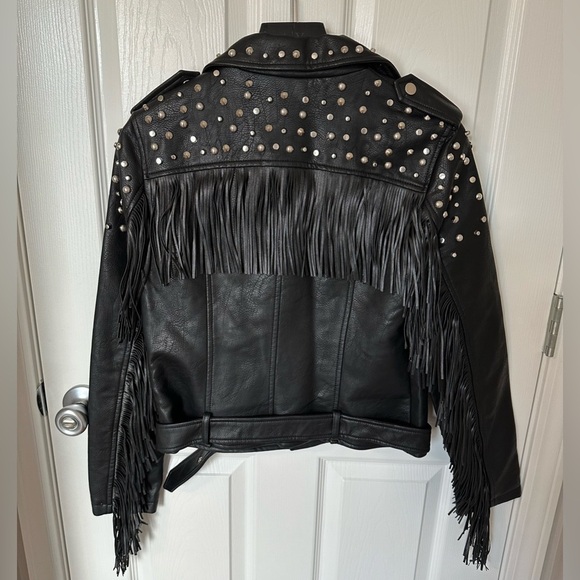 Vigoss Black Leather Jacket with Studs and Fringe - Picture 8 of 16